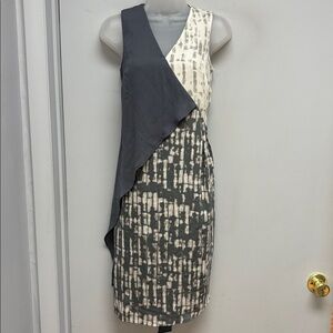 H by HALSTON Asymmetrical Mixed-Print Sheath Dress – Size 2